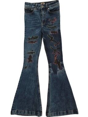 Dark Blue Embroidered Flare Jeans with Distressed Detail